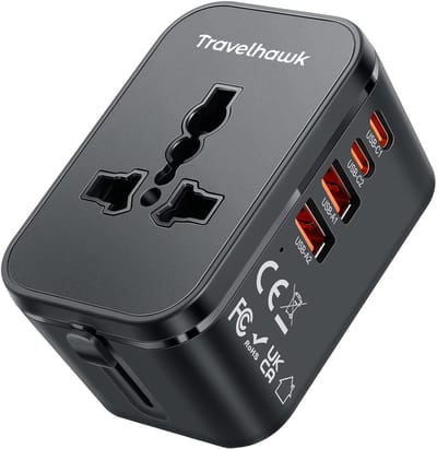 Travelhawk Wereldstekker met 2x USB-C en 2x USB Poort - Reisstekker - USB stekker - Internationale Reisstekker voor 150+ landen - Amerika (USA) - Engeland (UK) - Australië - Azië - Zuid Amerika - Afrika - Wereldstekkers - Zwart