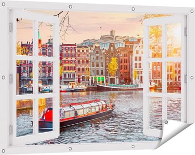 Gards Tuinposter Doorkijk Amsterdamse Huisjes vanaf de Grachten - 120x80 cm - Tuindoek - Tuindecoratie - Wanddecoratie buiten - Tuinschilderij