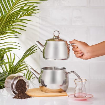 Karaca Belinay RVS Theepot Set - Metalen Turkse theepot set-Geschikt voor alle warmte bronnen-Stalen theepot