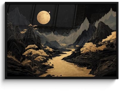Poster in lijst - Fotolijst 120x80 cm - Posters - Gouden rivier - Bergen - Maan - Sterrenhemel - Posterlijst zwart - Decoratie - Wanddecoratie woonkamer - Muurdecoratie slaapkamer