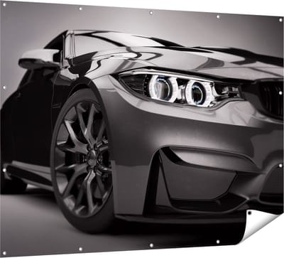 Gards Tuinposter Grijze Sportwagen Auto - Zwart Wit - 160x120 cm - Tuindoek - Tuindecoratie - Wanddecoratie buiten - Tuinschilderij