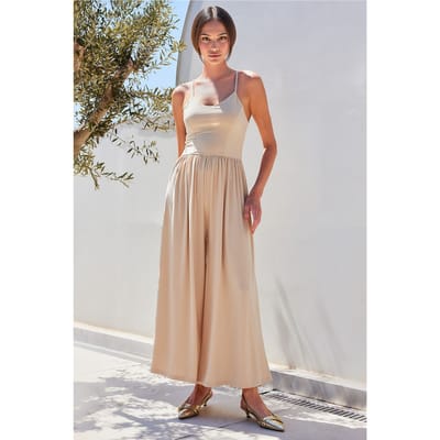 Ontspannen Pasvorm U-Hals Wijde Pijpen Jumpsuit