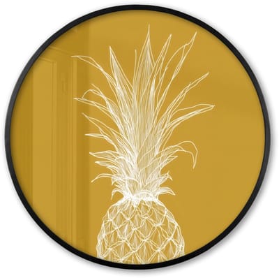Poster in lijst Rond - Fotolijst 60x60 cm - Posters - Lijnillustratie - Ananas - Bladkroon - Okergeel - Ronde posterlijst zwart - Decoratie - Wanddecoratie woonkamer - Muurdecoratie slaapkamer