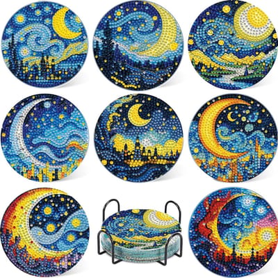 YYchan Onderzetters met houder-Diamond Painting-Set van 8 - Kurk-Sterrenhemel Stijl- Hittebestendig voor Buiten & Binnen - Cadeau Tip