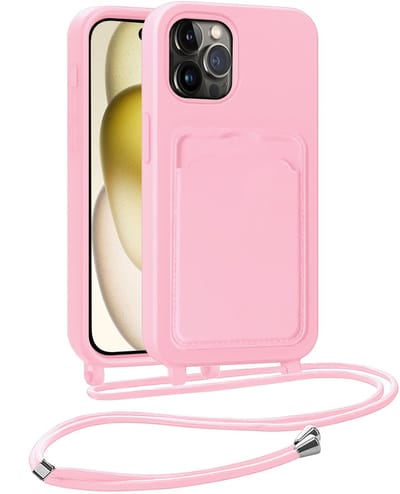 Hoesje Geschikt voor iPhone 14 Pro Telefoonhoesje Met Koord Case Pashouder Siliconen - Hoes Geschikt voor iPhone 14 Pro Hoesje Met Kaarthouder - Lichtroze