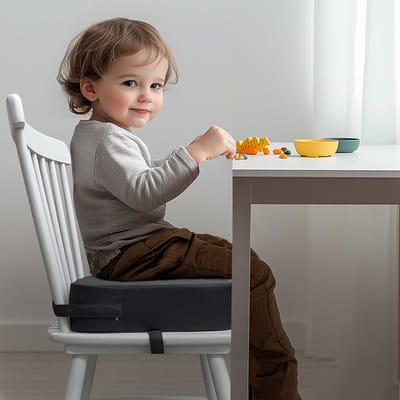Kinderstoelverhoger - wasbaar - afneembaar - draagbaar - geschikt voor peuters, kinderstoelen, zitkussens, eetkamers - stoelverhoger met twee veiligheidsgespen - 34*34*9 cm -Lichtgrijs