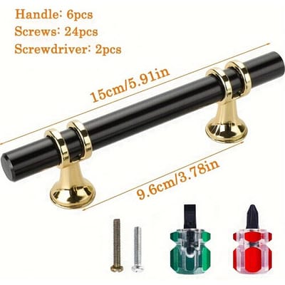 6 stuks roestvrijstalen kastgrepen, zwarte en gouden kastgrepen, zwarte ladegrepen, keukenkast hardwaregrepen met schroeven en schroevendraaier 6pcs - 5.91in
