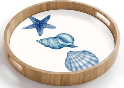 Dienblad rond 40x40 cm - Schootdienblad hout - Zeester - Schelpen - Blauw - Borrelplank rechthoek - Plateau houten dienbladen
