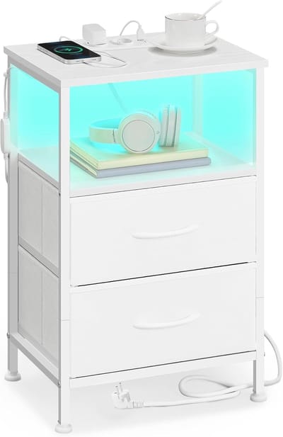 Furnstar Nachtkastje met Oplaadstation – Bijzettafel met Verstelbare LED Verlichting (App gestuurd) – 1 Open Vak & 2 Laden – Voor Slaapkamer – Wolkenwit / Sneeuwwit