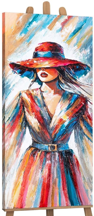 Canvas schilderij panoramisch 115x50 handgeschilderd dame met hoed portret – YS-Art Gallery – Stijlvolle wanddecoratie voor woonkamer – Modern schilderij voor hal