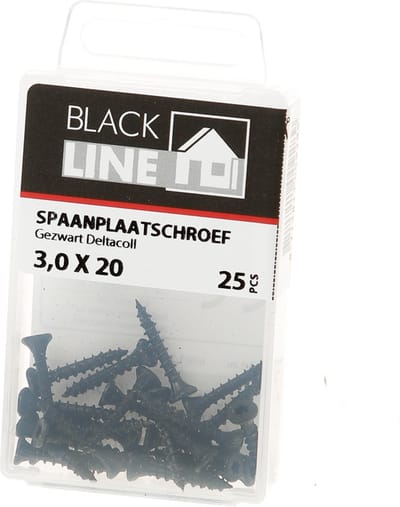 Blackline bevestigingsmaterialen - Zwarte spaanplaatschroeven met HCP-coating – Blackline - Platkop / 3.0 x 20mm / 25