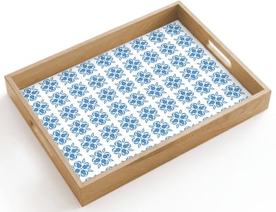 Dienblad hout 40x30 cm - Schootdienblad - Blauw - Wit - Tegel - Patroon - Borrelplank rechthoek - Plateau dienbladen