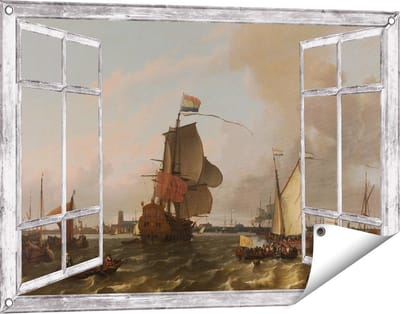 Gards Tuinposter Doorkijk Het Oorlogsschip Brielle op de Maas voor Rotterdam - Ludolf Bakhuysen - 90x60 cm - Tuindoek - Tuindecoratie - Wanddecoratie buiten - Tuinschilderij