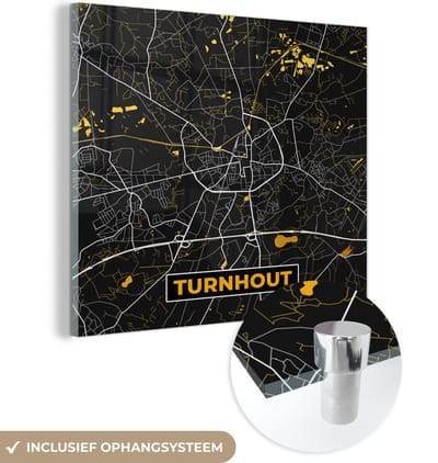 MuchoWow® Glasschilderij 90x90 cm - Schilderij acrylglas - Kaart - Turnhout - Plattegrond - Gold - Stadskaart - Foto op glas - Schilderijen