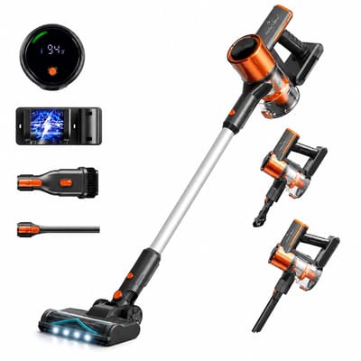 Swiss Haus® CVC2501 Steelstofzuiger Draadloos – 35 Minuten - 3 Snelheden – HEPA Filter – Draadloze Stofzuiger Zonder Zak - LED Display – Wandhouder – 150W - Vacuum Cleaner - Oranje