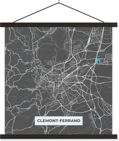 Posterhanger incl. Poster 60x60 cm - Schoolplaat - Clemont-Ferrand - Kaart - Stadskaart - Plattegrond - Frankrijk - Textielposter - Zwarte latten - Stadskaart