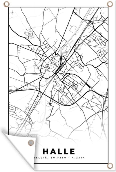 Muurdecoratie Stadskaart – Plattegrond – België – Zwart Wit – Halle – Kaart - 120x180 cm - Tuinposter - Tuindoek