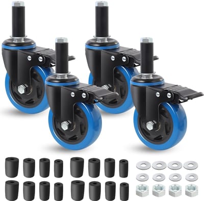 Blue swivel castors set, 100 mm heavy duty castors with locking mechanism, 4 pieces, incl. expansion adapter 23-40 mm - ShopVlot