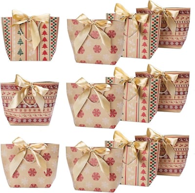 Papieren draagtassen - 12 stuks met lint - voor Kerstmis, verjaardagsfeest, babyshower - feestzakjes