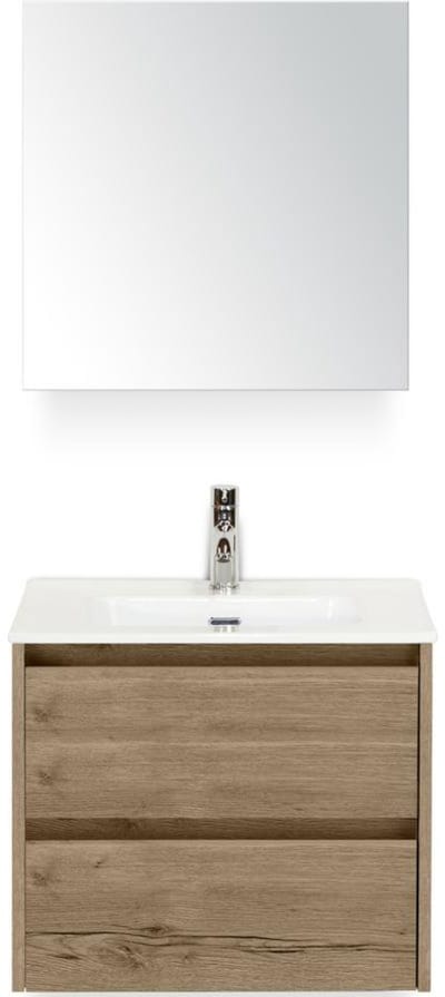Dante Badmeubelset 60 cm - Natuur Eiken - Keramische Wastafel Wit Cover met Spiegelkast