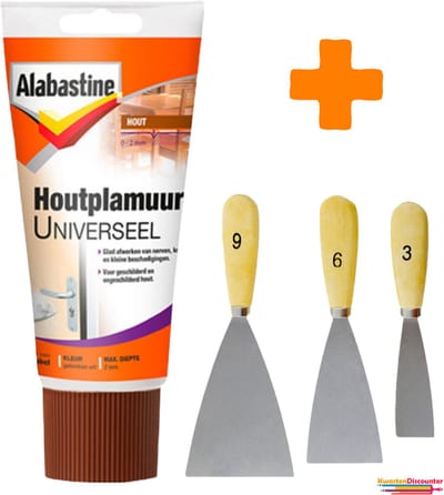 Alabastine Houtplamuur - Houtplamuur - Houtvulmiddel - 1x 250gr + KD Plamuurmes Set 3-Delig (3cm, 6cm, 9 cm)