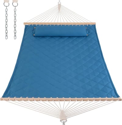 Geknoopte Hangmat met Spreidstok en Afneembaar Kussen - Ruime Hangmat voor Binnen en Buiten, 204 kg Draagvermogen, Blauw
