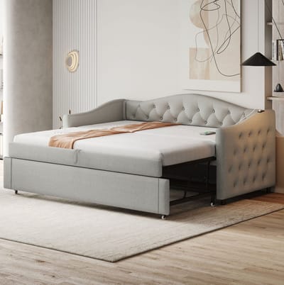 Gestoffeerd bed, uitschuifbare slaapbank, 90*200 cm, met USB-poort, klassiek knoopstikselontwerp, lattenbodem, multifunctioneel bed - logeerbed, linnen stof, grijs (matras niet inbegrepen).