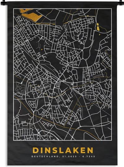 Wandkleed - Wanddoek - Duitsland – Black and Gold – Dinslaken – Stadskaart – Kaart – Plattegrond - 120x180 cm - Wandtapijt