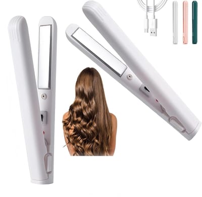 Witte Hair straightener/curling iron 2-in-1 Mini Stijltang en Krultang Draagbaar USB Oplaadbaar Snel Opwarmen Keramisch voor Steil Haar Krullend Haar en Pony