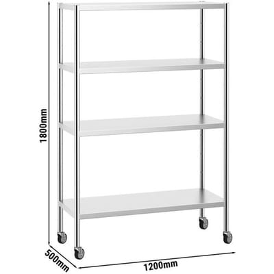 GGM Gastro Edelstahlregal PREMIUM - 1200x490mm - mit 4 Ablagen (VERSTELLBAR) - inkl. 4 Rollen Zilver