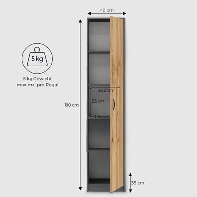 Boekenkast Garderobe Casa Velluto – Multifunctionele Smalle Kast 40cm Breed x 180cm Hoog – Verstelbare Planken, Opbergkast voor Slaapkamer, Hal, Kantoor & Kelder – Antraciet Houtlook