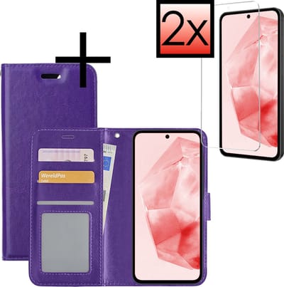Hoesje - Met 2x Screenprotector - Geschikt voor Samsung Galaxy A35 - Luxe Pasjeshouder - Bookcase Portemonee - Flip Case - Kunstleer Book Case - Flipcase Hoes - Book Cover - Walletcase - Portemonneehoes - Paars