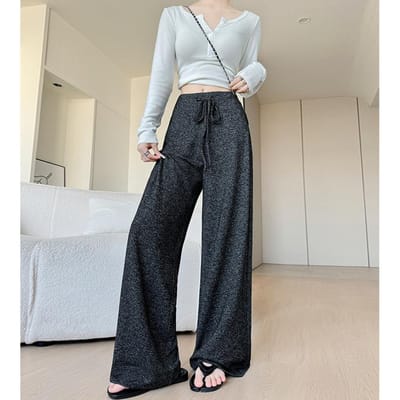 Grijze Gebreide Wijde Pijpen Broek voor Dames In Lente en Herfst Nieuwe Hoge Taille Hangende Luie Stijl Kleefrijst Broek Casual Rechte Broek XL gray