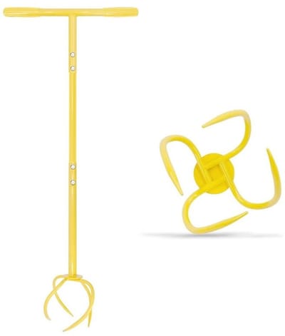 Ulisem - Handmatige tuinfrees - 16.5 inch gebogen handvat - 4 gepunte tanden - Voor zware grond - Verwijder onkruid en belucht de bodem - Staal - Geschikt voor verhoogde bedden - Demontabele rototiller 360° - Helemaal Geel