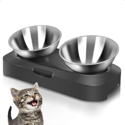 Dubbele RVS Kattenvoerbak met Anti-Braak, 15 Graden Verhoogd Ontwerp, Antislip Ondergrond, Geschikt voor Kittens, Katten, Honden en Konijnen, Vaatwasmachinebestendig