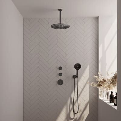 Brauer Gunmetal Edition thermostatische inbouw regendouche SET 12 met 30 cm douchekop en plafondarm en 3-standen handdouche en doucheslang en wandaansluitbocht gunmetal geborsteld PVD