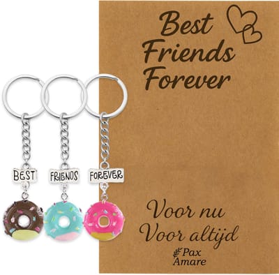 BFF Sleutelhanger voor 3 'Best Friends Forever' - Donuts - Sleutelhangers op Cadeau Kaartje - Zilverkleurig - Vriendschap Symbool - Pax Amare