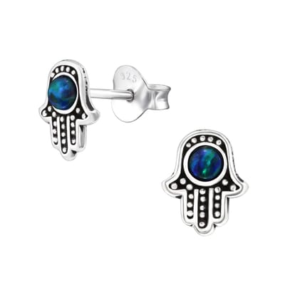 Joy|S - Zilveren Hamsa oorbellen - 8 x 7 mm - blauw - geoxideerd - oorknoppen