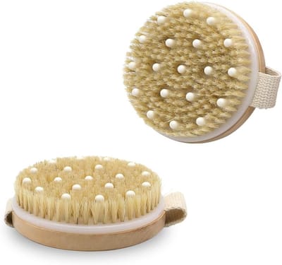 Ronde Dry Brush Set van 2 Stuks, Natuurlijke Haren, Medium Zachte Massagborstels voor Lichaam, Verwijder Dode Huid en Verminder Cellulite met Lymfemassage