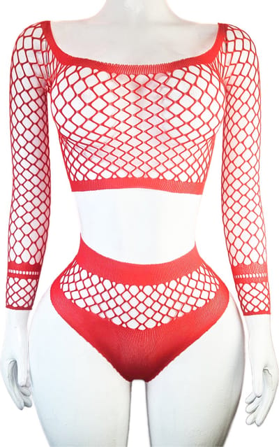 BamBella® - 2 delig set - Onesize - Erotische sexy nacht set broek met top doorzichtig kant - Super Stretch Rood
