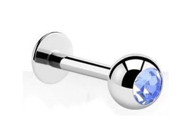 Titanium Labret Piercing 6 mm (1,2 mm staaf) met 3 mm bal & blauw steen-accent – RH-Jewelry [High Quality Piercing]