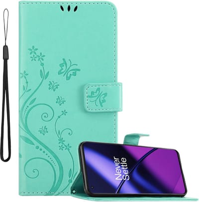Cadorabo Hoesje geschikt voor OnePlus 11 5G in BLOEMEN TURKOOIS - Beschermhoes in bloemmotief met magnetische sluiting, standfunctie en kaartsleuven Book Case Cover Etui