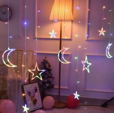 MUPOO Kerstverlichting LED Gordijnverlichting Sterren & Maan – Twinkle Lichtgordijn met 8 Lichtstanden, Multicolor Fairy Lights – Ideaal als Kerstverlichting & Kerstdecoratie voor Raam, Slaapkamer, Bruiloft, Valentijn & Feestdecoratie