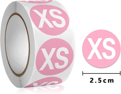 500 XS Kledingmaat stickers op rol - Roze rond label met maat - 25mm