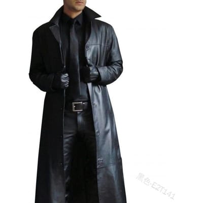 Revers Effen Kleur Trenchcoat Stijl Slank Leer Lange PU Leren Jas voor Heren M zwart