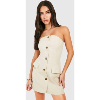 boohoo Dames Petite Linen Look Bandeau Blazerjurk | Natural | Maat: 42