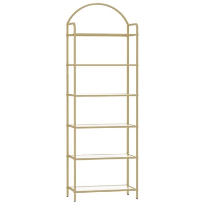 Boekenkast – Voor Slaapkamer, Badkamer & Thuiskantoor – Smalle Boekenkast met 6 Gehard Glazen Planken en Stalen Frame – Goud