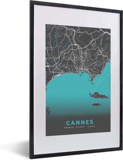 Fotolijst incl. Poster - Cannes - Frankrijk - Kaart - Stadskaart - Plattegrond - 40x60 cm - Posterlijst