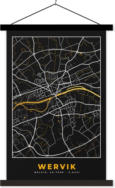 Posterhanger incl. Poster 40x60 cm - Schoolplaat - Wervik - Plattegrond - Kaart - Goud - Stadskaart - Textielposter - Zwarte latten - Stadskaart