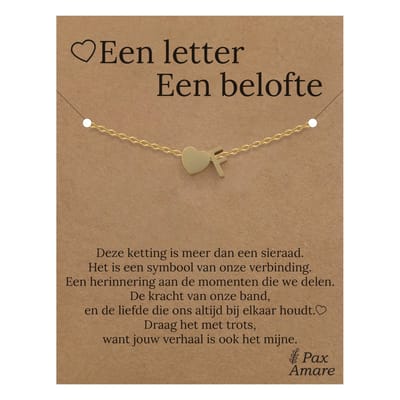 Letter F Armband op Cadeau Kaartje - Een letter, een belofte - 15,5cm + 5,5cm verstelbaar Goudkleurig Stainless Steel - Initiaal & Hartje Hanger - Pax Amare